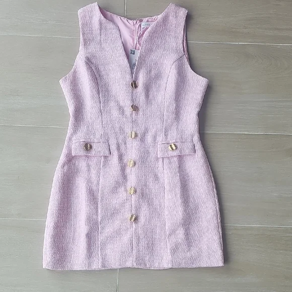 Hello Molly/ Saints & Secrets Sleeveless Pink Tweed Mini Dress with Gold Buttons - Picture 2 of 7